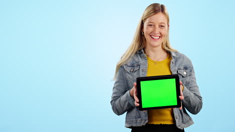 Girl,-tablet-and-space-with-green-screen
