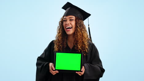 Graduate,-tablet-and-student-with-green-screen