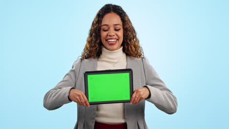 Face,-business-woman-and-green-screen-on-tablet