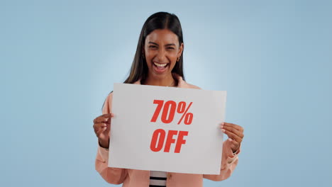 Happy-woman,-billboard-and-discount-sign-on-sale