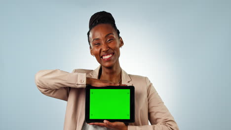 Black-woman,-tablet-and-green-screen
