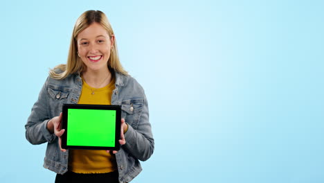Woman,-tablet-and-space-with-green-screen