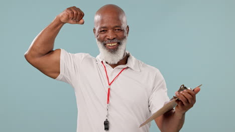 Músculo,-Entrenador-Y-Hombre-Negro-Con-Portapapeles