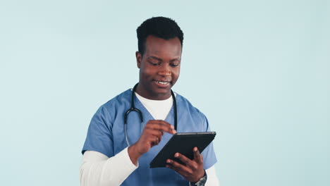 Black-man,-doctor-with-tablet-and-scroll-online