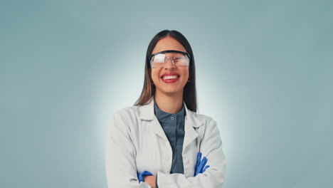 Science-woman,-face-and-smile-with-arms-crossed