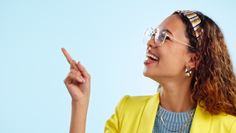Glasses,-smile-and-woman-pointing-to-space