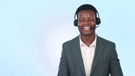 Call-center,-black-man-and-laughing-face