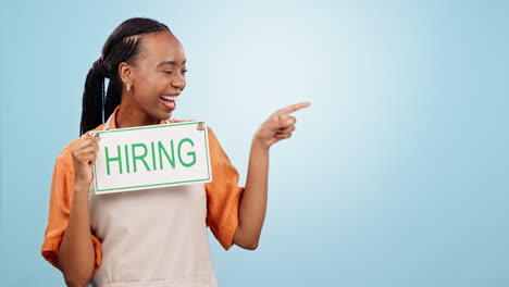 Black-woman,-pointing-and-sign-for-hiring