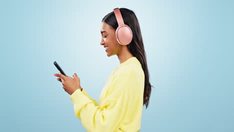 Phone,-headphones-or-happy-woman-in-studio