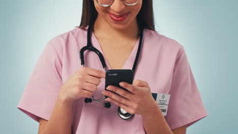 Woman,-hand-and-phone-in-healthcare-with-closeup
