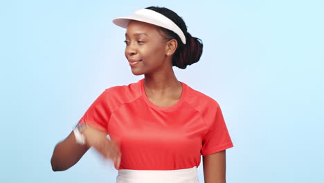 Tennis,-happy-black-woman-and-sports-palm-gesture