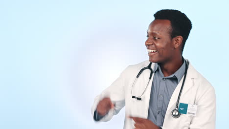 Happy-black-man,-doctor-and-pointing