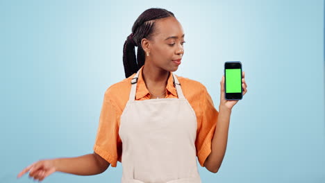 Black-woman,-waitress-and-phone-pointing-to-green