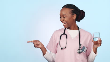 Happy-black-woman,-nurse-and-pointing-to-list