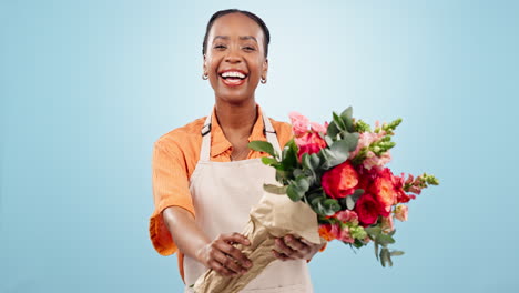 Smile,-florist-and-black-woman-with-gift