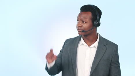 Call-center,-black-man-and-face-with-pointing-to