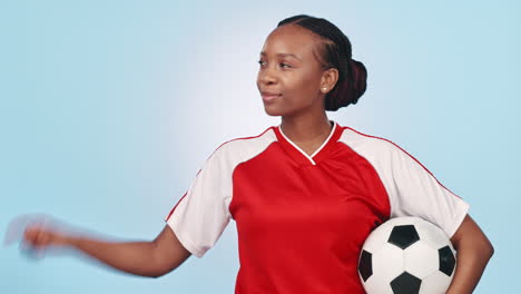 Soccer,-black-woman-point-and-sports-thumbs-up