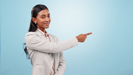 Face,-business-woman-and-pointing-to-choice