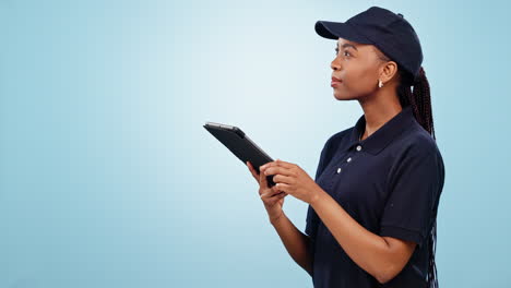 Tablet,-checklist-and-black-woman-with-delivery