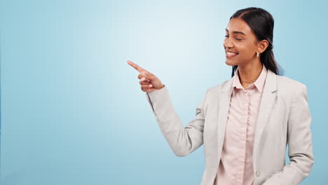 Face,-smile-and-business-woman-with-hand-pointing
