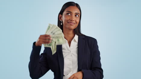 Business-woman,-money-fan-and-cash-bonus