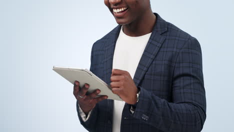 Happy-businessman,-hands-and-tablet-in-social