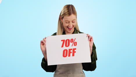 Happy-woman,-banner-and-sale-for-promotion