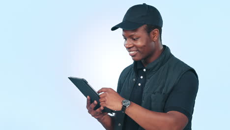 Black-man,-delivery-with-tablet