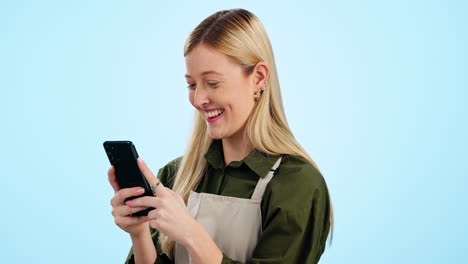 Waitress,-happy-woman-and-phone-for-social-media