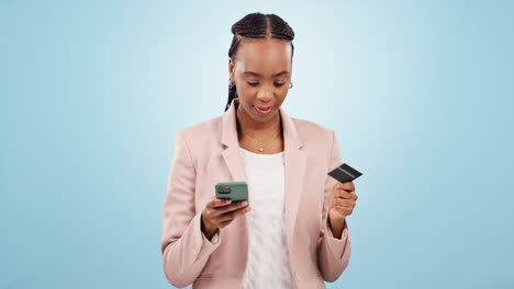 Black-woman,-phone-and-credit-card-for-online