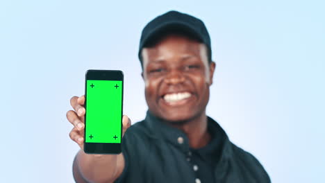 Happy-black-man,-phone-and-green-screen