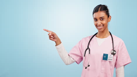 Face,-smile-and-woman-doctor-with-hand-pointing
