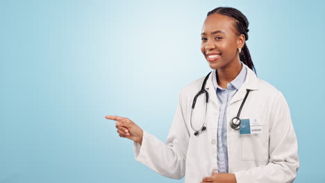 Happy-black-woman,-doctor-and-pointing