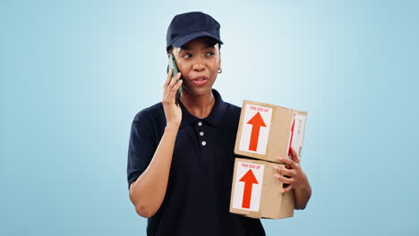 Black-woman,-phone-call-and-box-for-delivery