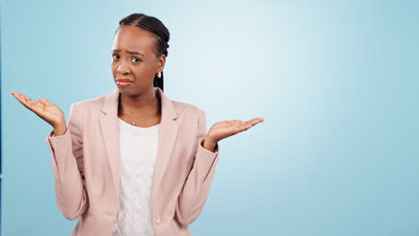 Confused,-face-and-black-woman-with-why-hands