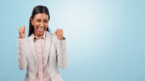 Celebration,-success-and-business-woman-pointing