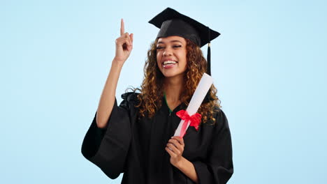 Happy-woman,-student-and-graduation-pointing-up