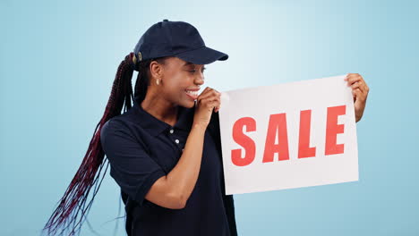 Happy-black-woman,-sale-and-billboard-sign