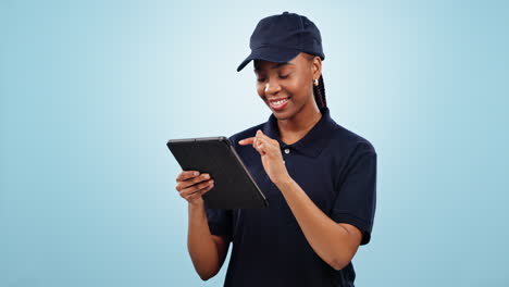 Happy-black-woman,-tablet-and-communication