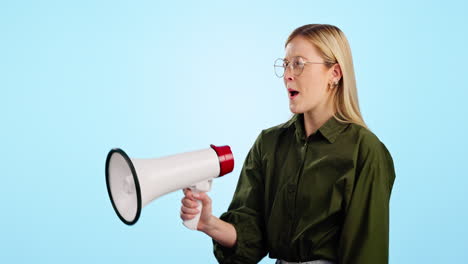 Megaphone,-speech-and-happy-woman-shouting
