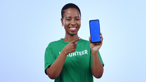 Woman,-volunteer-and-mobile-green-screen