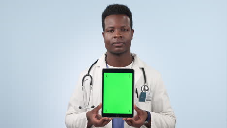 Happy-black-man,-doctor-and-tablet-with-green