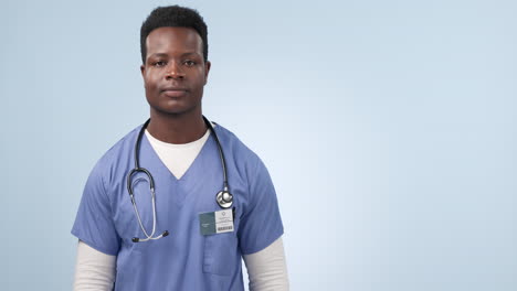 Nurse,-advertising-and-black-man-pointing-to