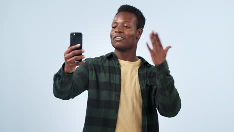 Happy-black-man,-phone-or-video-call-wave