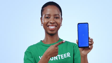 Woman,-volunteering-and-phone-green-screen