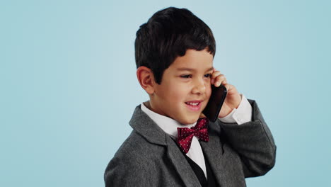 Child,-talking-and-boy-with-phone-call-in-studio
