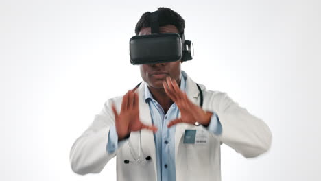 Black-man,-doctor-and-VR-metaverse-with-software