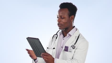 Video-call,-tablet-and-doctor-with-greeting