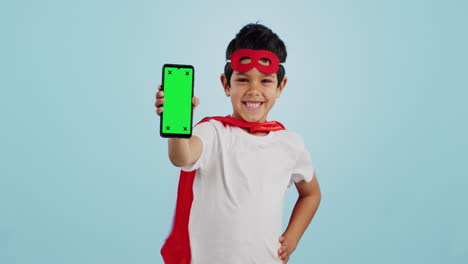 Kind,-Spiel-Und-Porträt-Mit-Grünem-Bildschirm-Des-Telefons