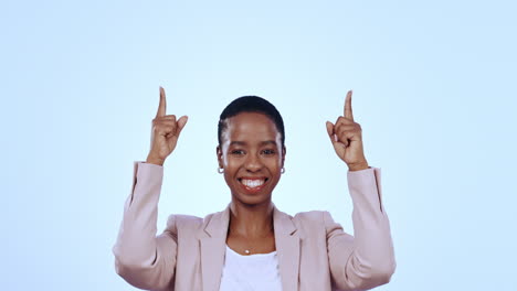 Face,-business-and-black-woman-pointing-up